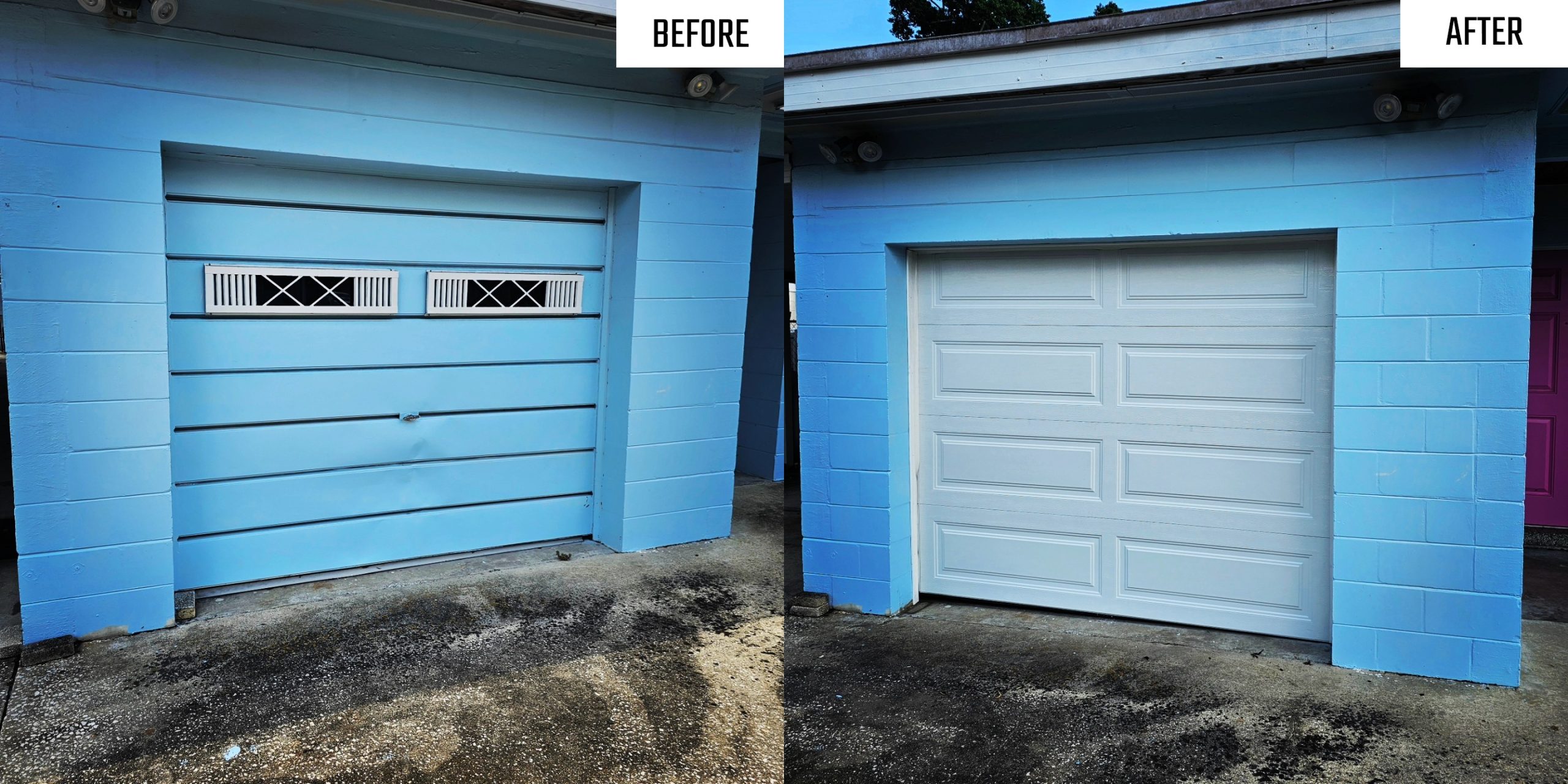 Finished white garage door on a blue home